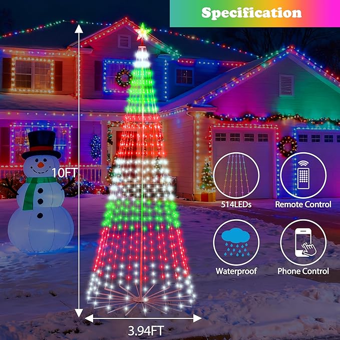 10FT Lighted Outdoor Christmas Tree, 514 LED Smart Cone Tree, Music Sync RGB Fairy Lights, LED Light Show, APP and Remote Control, Timer Function, Perfect for Outdoor Christmas Decorations