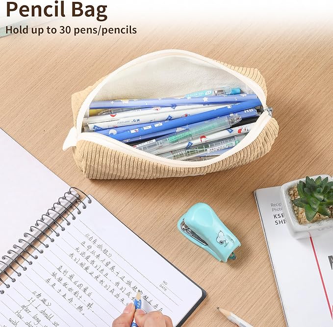 Pencil Bag Pen Case, Soft Corduroy Small Pencil Pouch Organizer with Zipper, Cute Pencil Case Pouch Stationery for Girls and Boys – Apricot