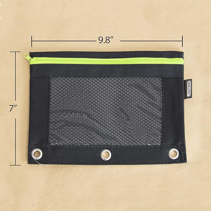 BAZIC Pencil Pouch 3 Ring Binder Pouch w/Rivet Enforced Rings Holes, Neon Black Color Mesh Window Zipper Pouches, 6-Pack