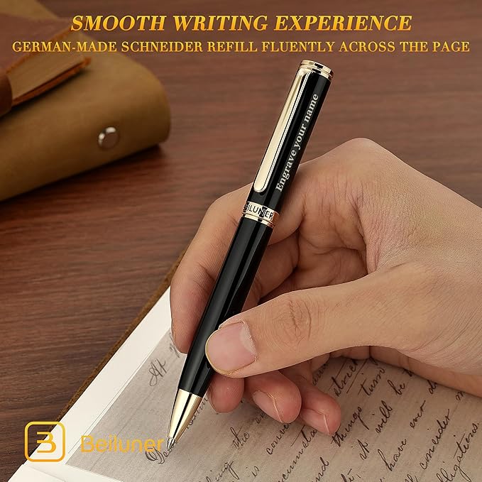 BEILUNER Luxury Personalized Gel Pen with 24K Gold Finish, Black Piano Lacquer, Luxury Grade Craftsmanship, Best Pen Gift Set for Men and Women, Professional, Executive, Office, Retractable Nice Pens