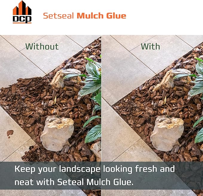 DCP Setseal Mulch Glue for Landscaping 1 Gallon - Gravel Stabilizer & Rock Glue - Works with Mulch, Pea Gravel, Pebble, Rubber Mulch, Large Gravel, Rocks - Ready-to-Use, Non-Toxic, Fast Drying