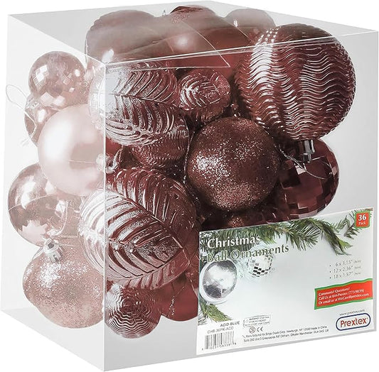 Prextex 36-Pieces Christmas Ornaments Set - Shatterproof, Festive Christmas Balls Decorations in 3 Sizes and 6 Styles with Hanging Loops for Tree, Wreath, and Dazzling Holiday Party Decor - Rose Gold