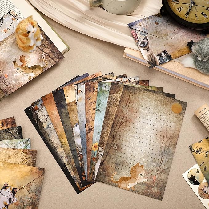 TaoBary 160 Pcs Stationery Paper Set 50 Double Sided Stationery Papers with 50 Matching Envelopes and 60 Round Dot Sticker, 10 Design(Cat,5.5 x 8.25 Inch)