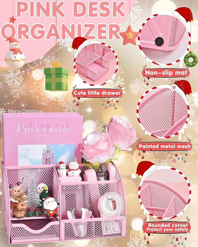 Pink Desk Accessories, 24Pcs Pink Office Supplies and Desk Organizers, with Tape Dispenser, Stapler, Staple Remover, Ect, Christmas Gifts