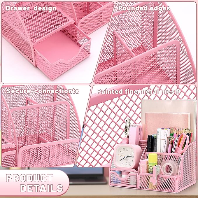 SYMDROMIA 13-in-1 Office Desk Organizer Set with Stapler and Tape Dispenser, Pen Holder, Scissors, Ruler, Hole Punch, 2 Pens & More Desktop Accessories for Back to School Supplies (Pink)