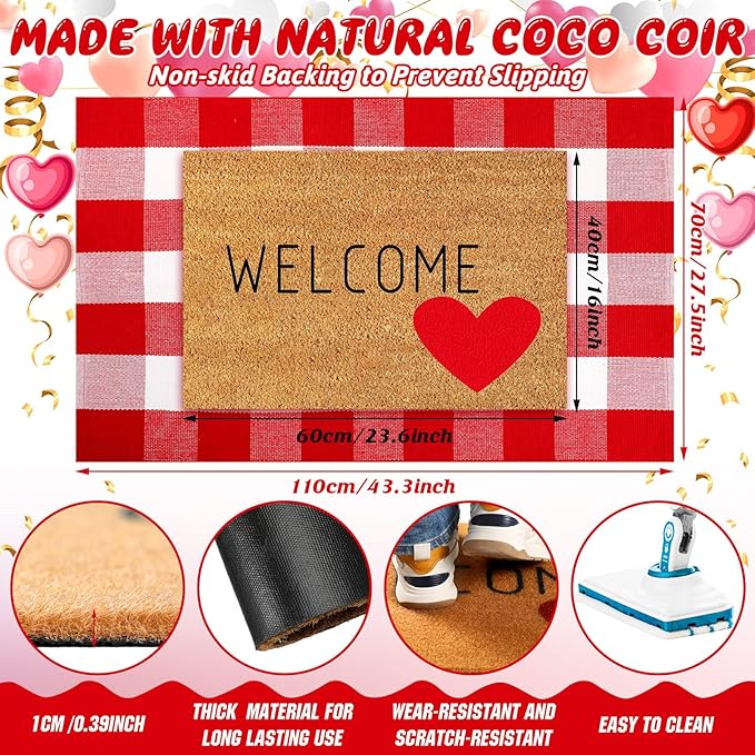 2 Pcs Valentine's Day Coir Welcome Doormat Valentine's Day Rug Outdoor Layered Buffalo Plaid Red and White Mat Red Heart Mat for Front Porch Entryway Outdoor