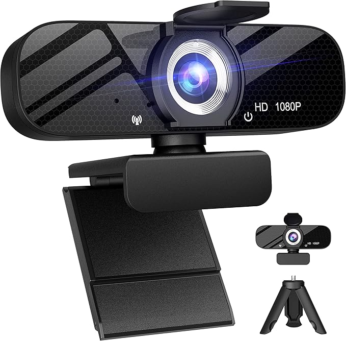 1080P Webcam with Microphone and Rotatable Tripod Wide Angle Camera for Desktop PC or Laptop Computer,Plug and Play, for Zoom/Skype/Teams, Conferencing and Video Calling