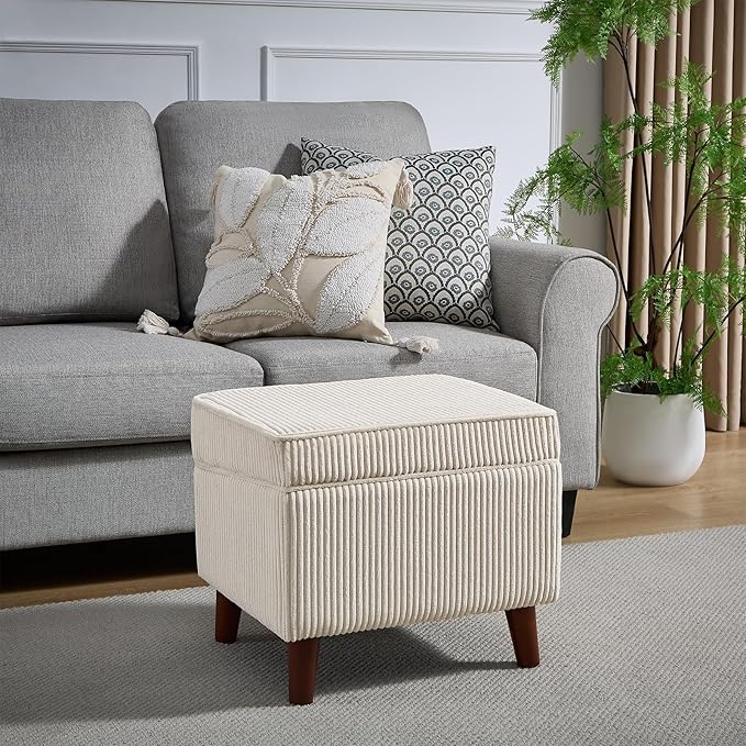 Storage Ottoman with Adjustable Lid, Soft Step Stool, Footrest and Seat, Ottoman Foot Rest for Living Room, Bedroom, Dorm, Beige