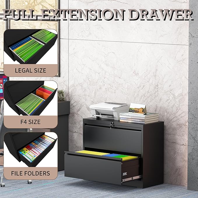 2 Drawer Lateral File Cabinet with Lock, File Cabinet, Metal Lateral Filing Cabinets for Home Office, File Storage Cabinet for Legal/Letter/A4 Documents, Assembly Required (Black, 35'W)