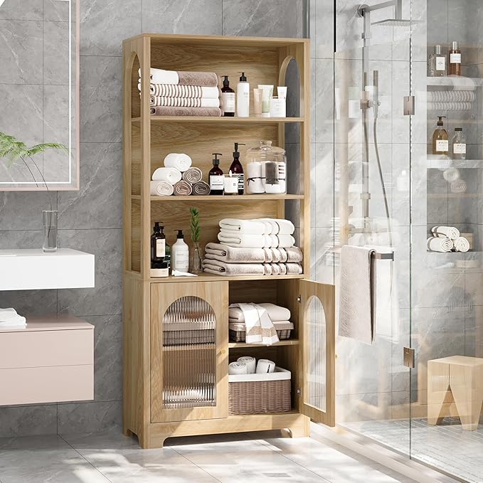 RARZOE 71" Tall Bookshelf and Bookcase, 5-Tier Arched Bookshelf with Glass Doors, Floor Standing 5 Shelf Book case, Wood Display Cabinet Storage Organizer for Living Room, Bedroom, Office(Natural)