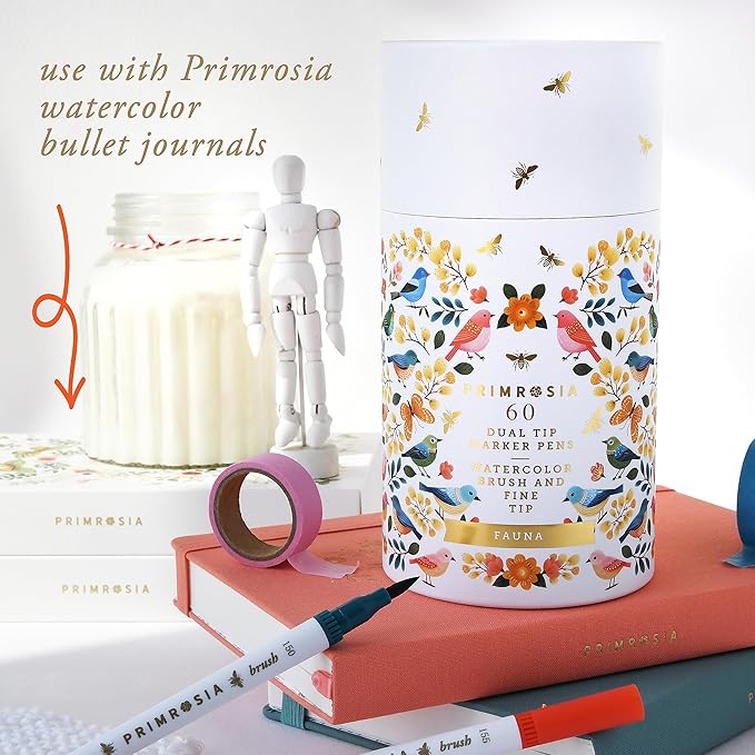 Primrosia Fauna - 60 Dual Tip Watercolor Brush and Fine Tip Pens. Marker Pens for Art Sketching Illustration Calligraphy Permanent Highlighter Bullet Journal Drawing Adult Coloring