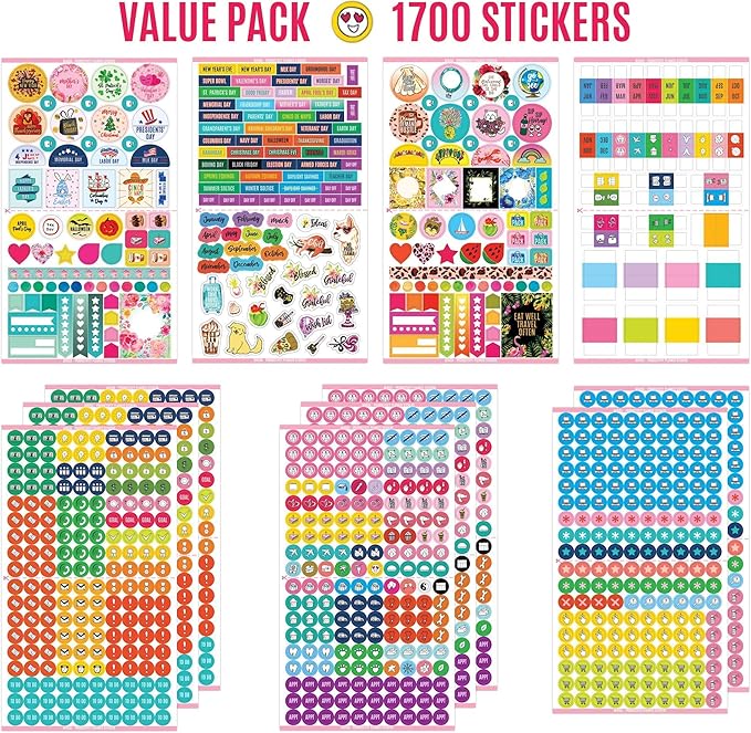 Mirida Planner Stickers – 1700 Productivity Mini Icons for Adults Calendar – Work, Daily To Do, Budget, Family, Holidays, Journaling – Variety Pack with Monthly Tabs