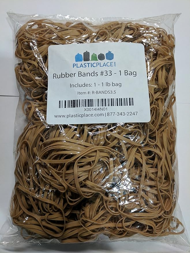 Plasticplace Rubber Bands, Size #33, 875 Count (3.5" x 1/8"), 1 Lb, Durable Natural Rubber, Office & Home Use, Brown Heavy Duty Durable Trash Bags Trashbags Secure Hold Bands, Industrial Strength