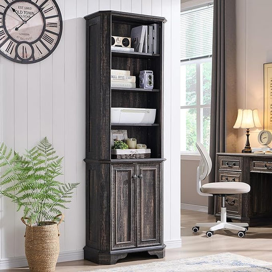 T4TREAM 6-Tier Bookshelf with Storage, 72" Tall Farmhouse Bookcase with Doors and Adjustable Shelves, Wooden Floor Standing Display Book Shelf Organizer for Home Office, Dark Rustic Oak