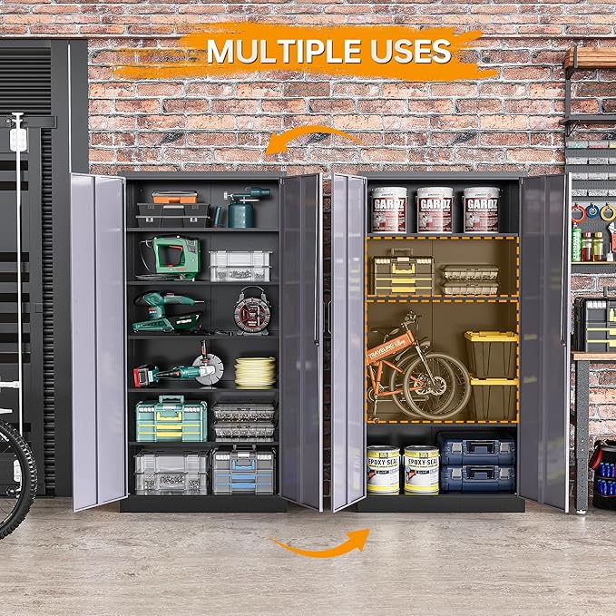 STANI Metal Garage Storage Cabinet with Lock, 71" Steel Lockable File Cabinet, Locking Steel Storage Cabinet with 4 Adjustable Shelves for Home, Office, Warehouse, Garage, School