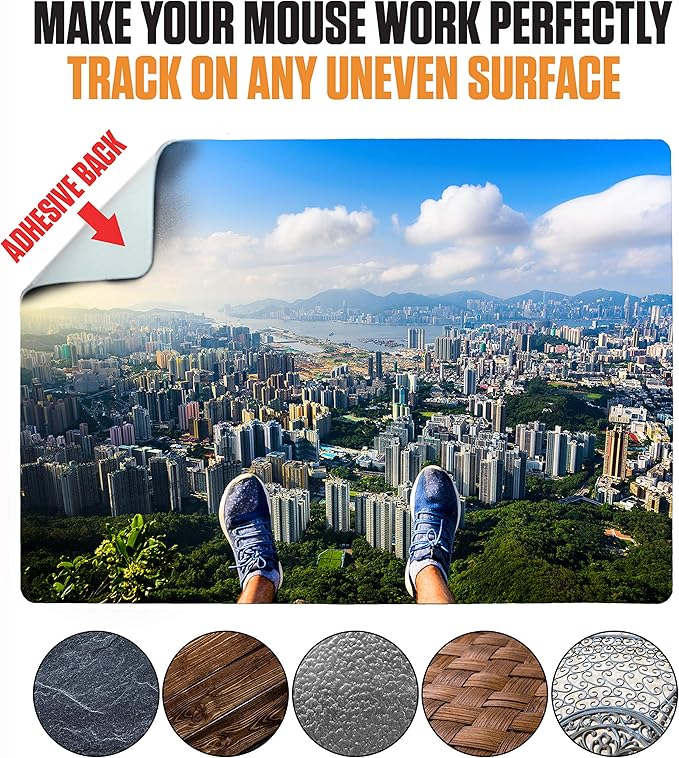 Mouse Pad Travel Size with Adhesive Bottom, Mini Mouse Pad Sticks to Any Surface, Plus Webcam or Camera Privacy Tab Covers and Screen Cleaner (View Point City)