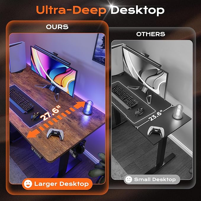 Huuger 48 x 28 Large Electric Standing Desk, Height Adjustable Desk, 27.6" Deep Desktop, Stand up Gaming, 2 Hooks, 3 Preset Heights, for Home Office, Rustic Brown