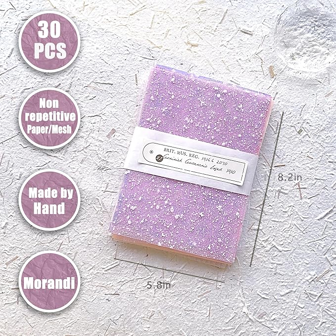 Aromoty 30 sheets A5 Unique Textured Scrapbook Paper&Mesh Fabric set - Handmade Craft Mulberry Special Paper Mix for Scrapbooking Junk Journaling Supplies Card DIY Materials Collage, 5.8x8.2 Inches