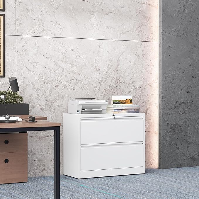 2 Drawer Lateral File Cabinet with Lock, Metal File Cabinets for Home Office, Steel Heavy-Duty Filing Storage Cabinet for Letters/Legal/A4 (Require Assembly, White)