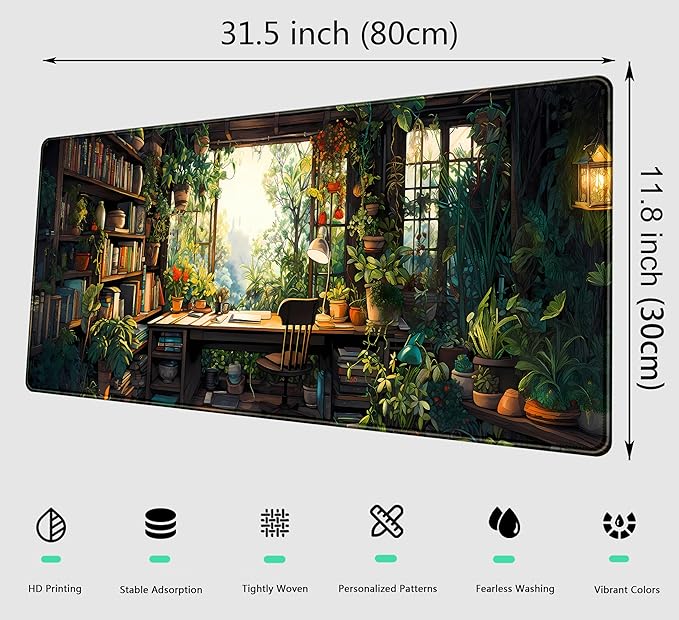 Green Kawaii Desk Mat Plant Floral Mouse Pad Cute XL Large Desk Pad Gaming Mousepad Lofi Desk Matt for Desktop, Laptop Computer Keyboard Mouse Mat for Women Office Decor Accessories 31.5x11.8 in