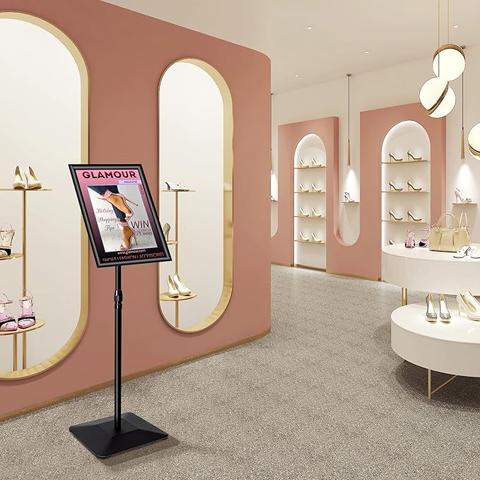 11"x17" Pedestal Poster Sign Holder Stand with Heavy Duty Solid Steel Base, Adjustable Floor Standing Sign Holder for Vertical and Horizontal View Sign Super Stable Displayed Stands, Black