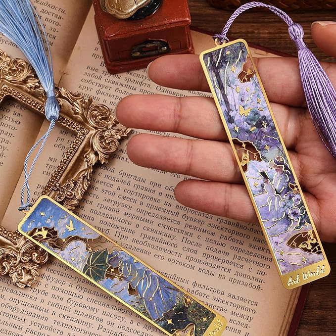 12 Pieces Metal Bookmarks with Tassel, Golden Hollow Bookmark Oil Painting Theme Girl Book Mark Bookmarks for Book Lovers Writers Readers Children Teens Men Women Adults