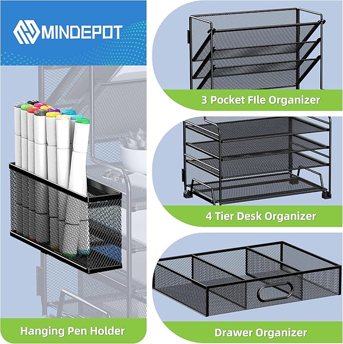 4-Tier Paper Organizer + 3-Pocket File Holder + Drawer + Pen Holders, Desktop File Organizers Paper Tray for Office Accessories School Classroom Organization (Black)