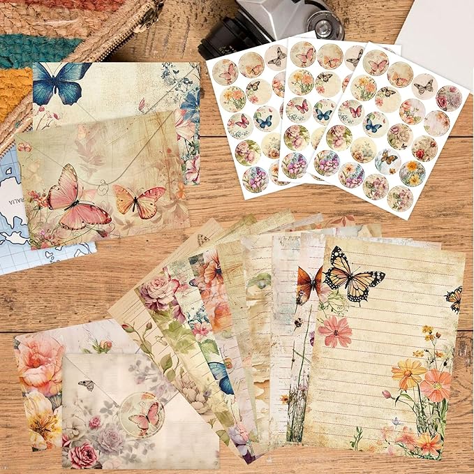 160 Packs Stationery Paper and Envelopes Set 10 Different Designs, 50 One Sided Stationery Writing Papers with 50 Matching Envelopes and 60 Round Dot Sticker, 5.5 x 8.25 Inch (VintagePlant)