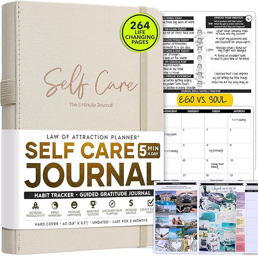 Self Care Journal - 5 Minute Mental Health & Manifestation Journal | 90-Day Undated Daily Planner for Positivity, Affirmations & Gratitude | Guided Mindfulness, Reflection | Vision Board + Stickers