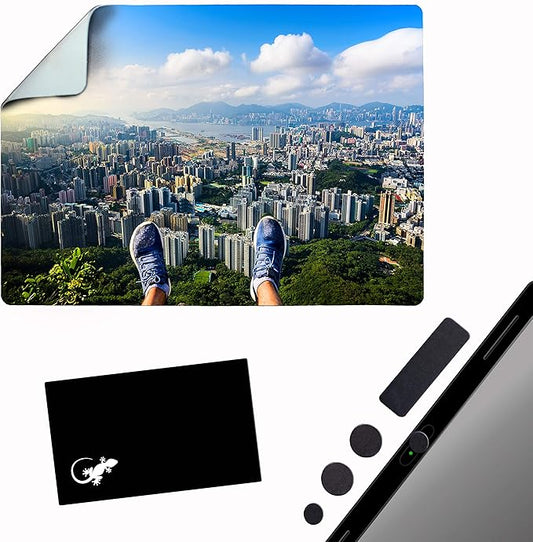 Mouse Pad Travel Size with Adhesive Bottom, Mini Mouse Pad Sticks to Any Surface, Plus Webcam or Camera Privacy Tab Covers and Screen Cleaner (View Point City)