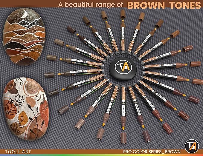 TOOLI-ART 22 Acrylic Paint Markers Pens Pro Color Series Set 3mm Medium Tip for Rock Painting, Glass, Mugs, Wood, Metal, Glass, Canvas, DIY. Non Toxic, Waterbased, Quick Drying (BROWN)
