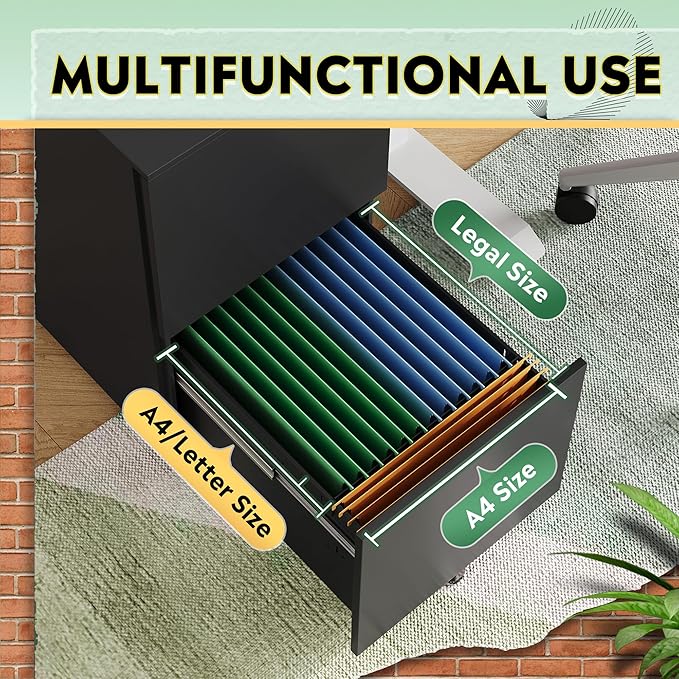 DEVAISE 2-Drawer File Cabinet with Lock, Rolling Metal Filing Cabinet on Wheels for Home Office, Fully Assembled Under Desk Storage Organizer, Black, 17" D x 15" W x 27" H