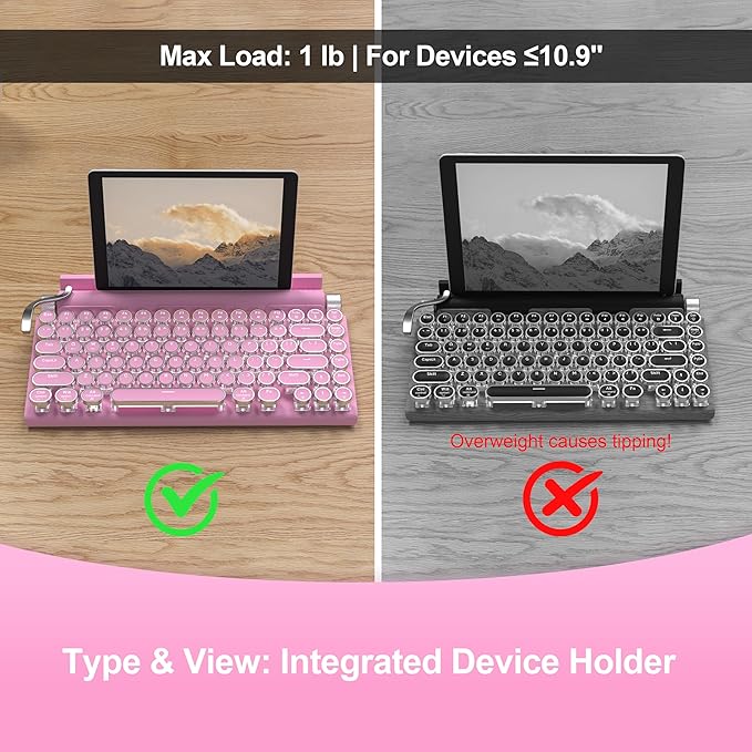 Retro Typewriter Wireless Mechanical Gaming Keyboard, Bluetooth 5.0 Office Computer Vintage Keyboards 83-Key Blue Switches Punk Round Keycap, LED Backlight, Compatible with PC/Laptop/Pad/Phone, Pink