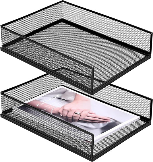 Magazine File Holder, 2 Pack Desk Organizer and Accessories, Metal Paper Tray Office Document Organizer Wire Mesh Letter Trays Stackable Desk File Storage Basket, Black