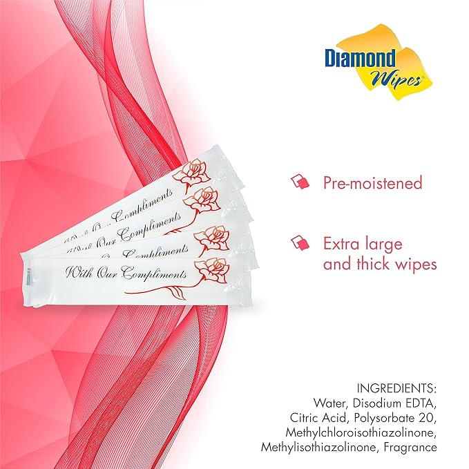 Diamond Wipes Pre-moistened Hand Wipes - “With Our Compliments” Logo 10x8” Extra Thick Lemon-Scented Pack of 500 Individually Wrapped Wet Wipes