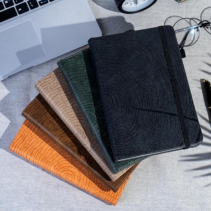CAGIE Lined Journal for Men Women, Tree Growth Ring Leather Bound Journal Notebook, 256 Pages 100 GSM Journals for Writing, A5 Hardcover Journaling Notebooks for Work, Note Taking, Black