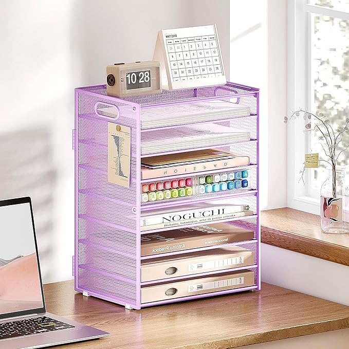 SUBEKYU 9 Tier Paper Letter Tray Desk Organizer with Handles - Purple Metal Mesh File Holder Paper Sorter Desk Organizer for Office Home School, Include 6 Pcs Adjustable Slid Tray, 6 Colors Available