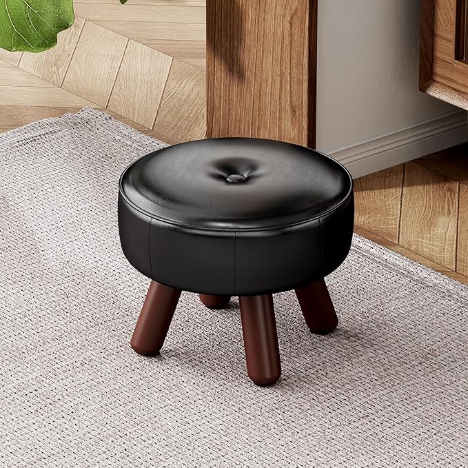 13in Small Foot Stool Ottoman, Round Faux Leather Foot Rest, Footstool Ottomans with Rubber Legs Under Desk, Footrest for Couch, Living Room, Bedroom, Office, 13''L x 13''W x 10.2''H, Black