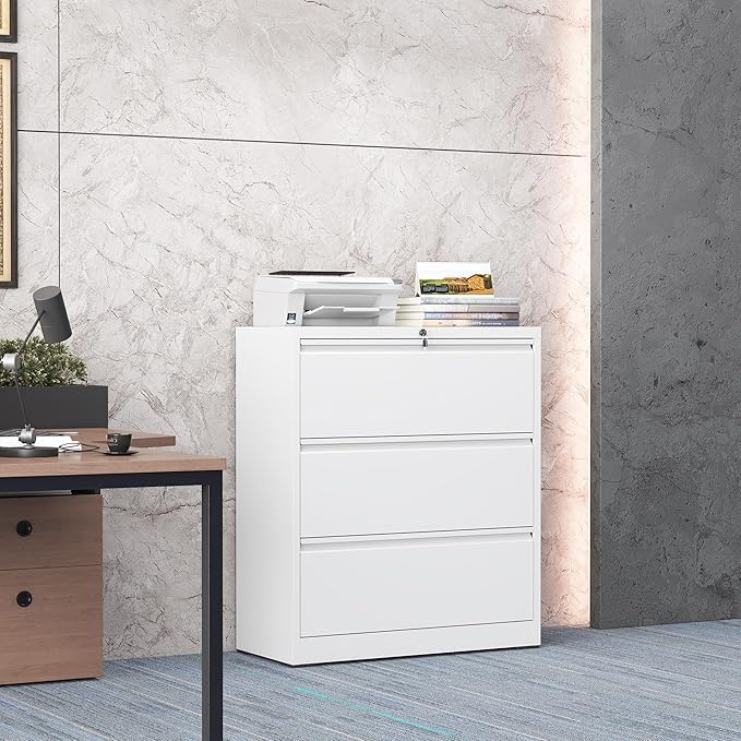 3 Drawer Lateral File Cabinet with Lock, Metal File Cabinets for Home Office, Steel Heavy-Duty Filing Storage Cabinet for Letters/Legal/A4 (Require Assembly, White)