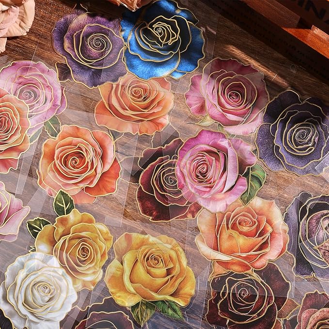 100 PCS Large Size Flowers Rose Sticker for Journaling Supplies, Dried Flowers Themed Resin Watercolor Floral Sticker for Scrapbooking, Aesthetic Room Decor Junk Journal Bullet Journals Collage