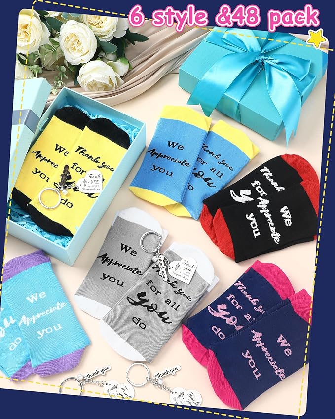 24 Pcs Employee Appreciation Gifts Thank You for All You Do Socks Stainless Steel Keychains for Staff Coworker Team