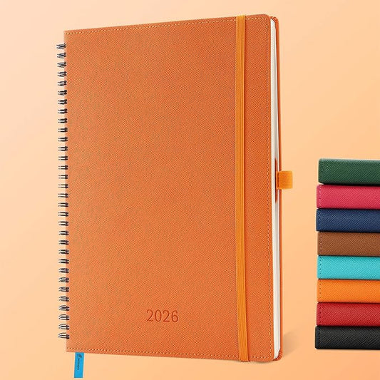 Planner 2026 Daily Weekly and Monthly,11.5"x8.5",12 Months Spiral Bound Calendar Agenda with Self-adhesive Pen Holder,2026 Appointment Book with Vegan Leather Soft Cover,Orange