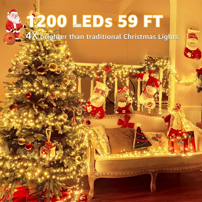 1200 LED 59 FT Cluster Lights, Warm White Christmas Tree Lights 8 Modes Timer Remote, Waterproof String Lights for Indoor Outside Garland Xmas Decorations