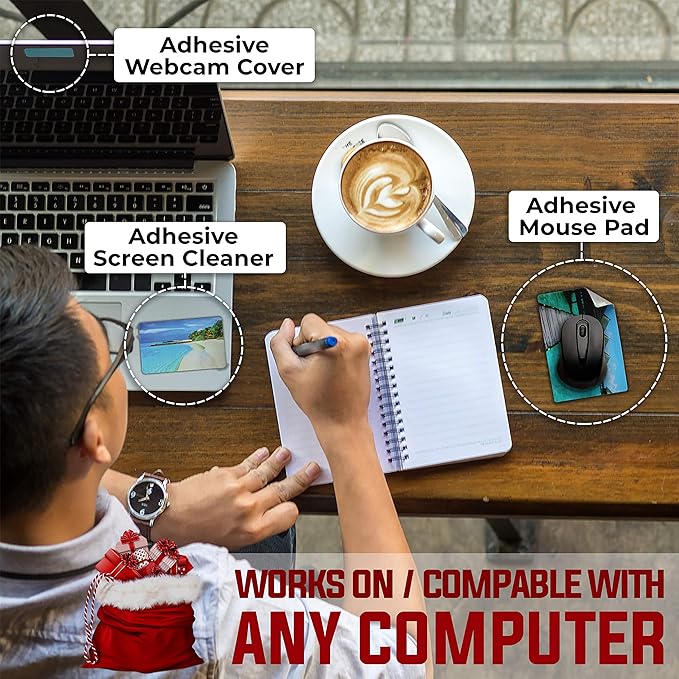 Mouse Pad Adhesive Bottom - Sticks to Any Surface - Portable - Webcam Covers and Screen Cleaner Included (Beach)