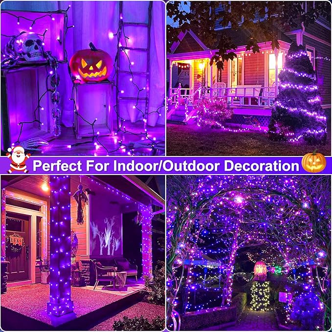 2 Pack Christmas Lights Outdoor, Total 200FT 600 LED Purple String Lights for Outside with 8 Modes Waterproof, Plug in Halloween Decorations for Indoor House Room Patio Garden Party Holiday