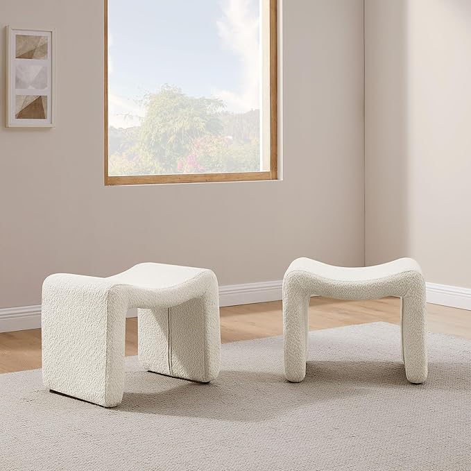 Modern Boucle Ottoman, Vanity Stool Chair, Foot Stool with Wooden Legs Sofa Bench Footstool Extra Seat for Vanity, Makeup Room, Living Room, Entryway, Set 2, White