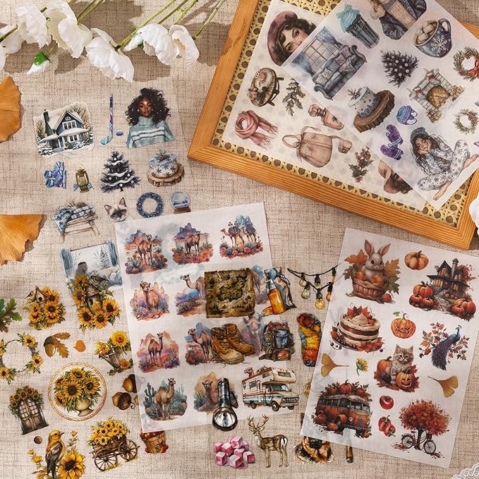 TIAMECH Harvest Overflows Sticker Book - Rich Fall Series, 20 Sheets PET & Washi Stickers for Scrapbooking, Ephemera, Waterproof Junk Journaling Supplies & DIY Crafts (Size 10.5 x 7.1in)