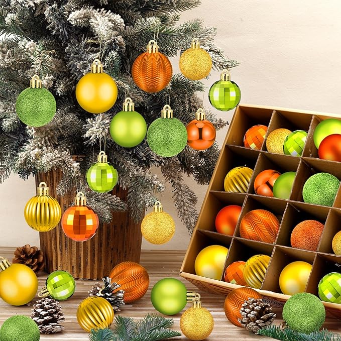 64 Pcs Fall Ball Ornaments Matt Glitter Lime Green Gold Orange Tree Ornament 1.6/1.97/2.4 Inch Autumn Thanksgiving Hanging Bulbs Fall Decorations for Home Tree Holiday Office Party Decor