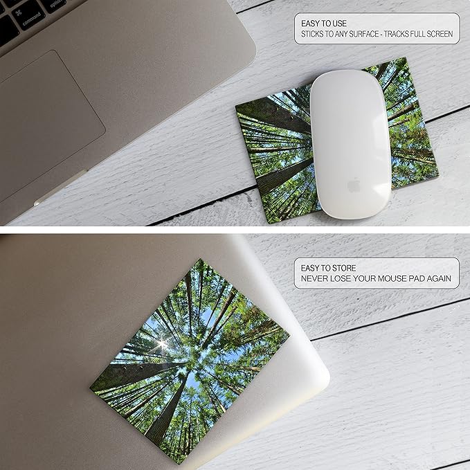 Mouse Pad Adhesive Bottom - Sticks to Any Surface - Portable - Webcam Covers and Screen Cleaner Included (Tall Trees)