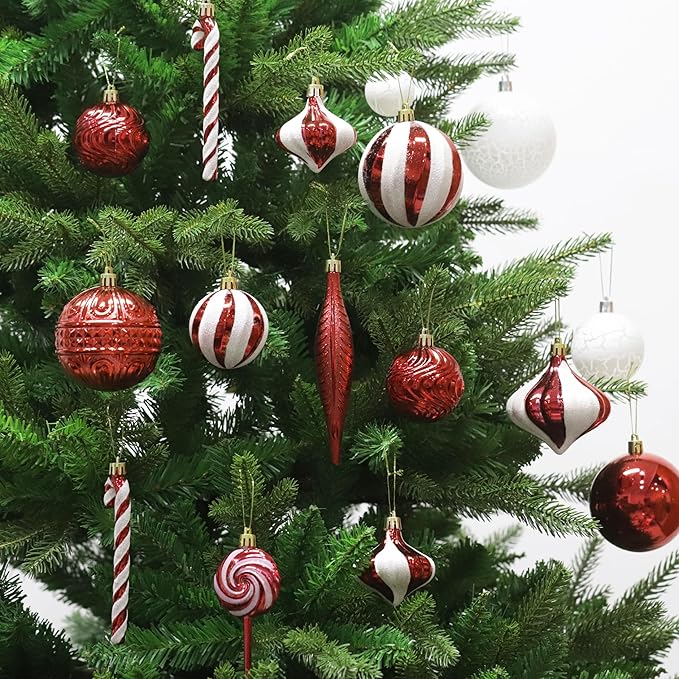 Christmas Tree Ornaments 36 pcs Multi-Size Candy Cane Shatterproof Ball Ornaments Set for Christmas Holiday Wreath & Party Decorations,Red